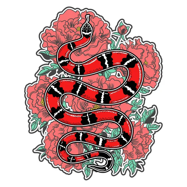 Serpiente Vintage Dibujada Mano Con Flores Tatuaje Arte Ilustración Vectorial — Vector de stock