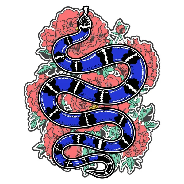 Serpent Vintage Dessiné Main Avec Des Fleurs Tatouage Art Illustration — Image vectorielle