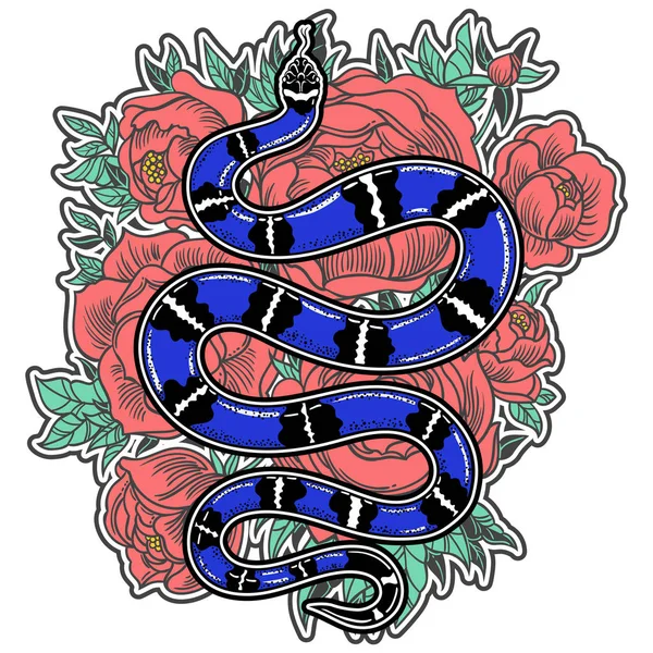 Мальована Вручну Старовинна Змія Татуюванням Квітах Векторні Ілюстрації Ізольовані Лінійний — стоковий вектор