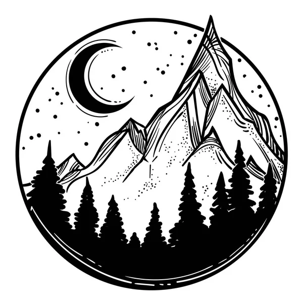 Schöne Vektorillustration Mit Naturlandschaft Berge Kiefernwald Sterne Und Mond Tätowierkunst — Stockvektor