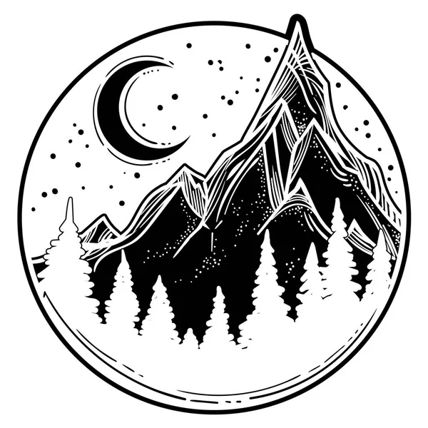 Hermosa Ilustración Vectorial Con Paisaje Natural Montañas Bosques Pinos Estrellas — Archivo Imágenes Vectoriales