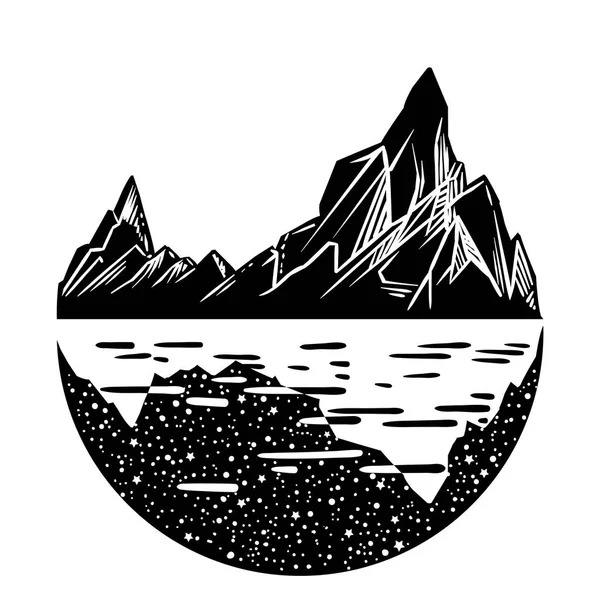 Bela Ilustração Vetorial Com Paisagem Natural Montanhas Lago Arte Tatuagem —  Vetores de Stock