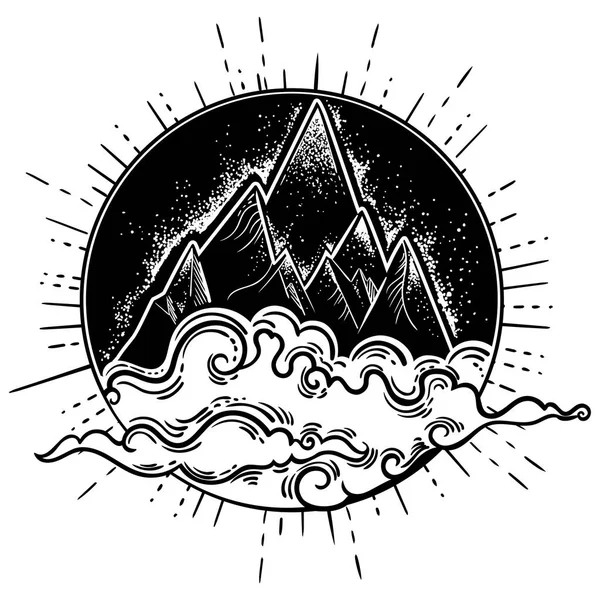 Belle Illustration Vectorielle Avec Paysage Naturel Montagnes Nuages Tatouage Espace — Image vectorielle