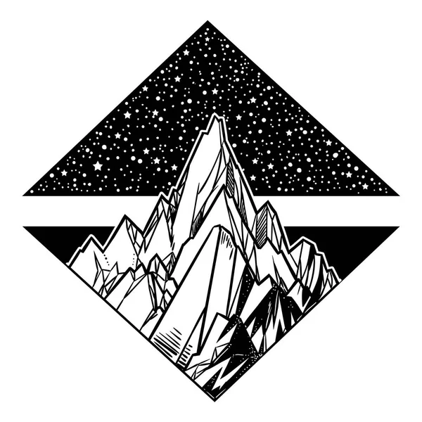 Bela Ilustração Vetorial Com Paisagem Natural Montanhas Estrelas Arte Tatuagem — Vetor de Stock