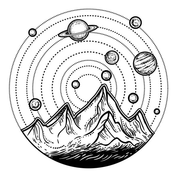Beautiful vector illustration with nature landscape - mountains and space Tattoo art. Infinite space, meditation symbols, travel, tourism.
