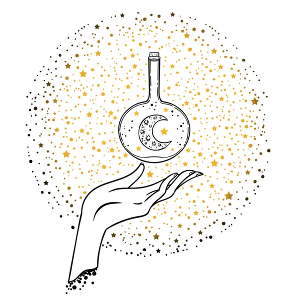 Belle Main Dessin Tient Lune Pot Sur Fond Cosmos Illustration — Image vectorielle