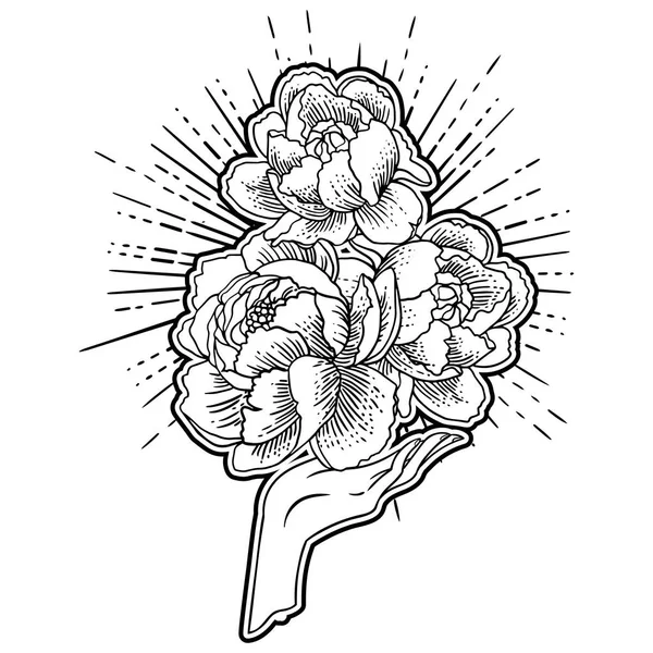 Ręką Trzyma Kwiaty Wektor Ilustracja Białym Tle Wzór Tatuażu Mistyczny — Wektor stockowy
