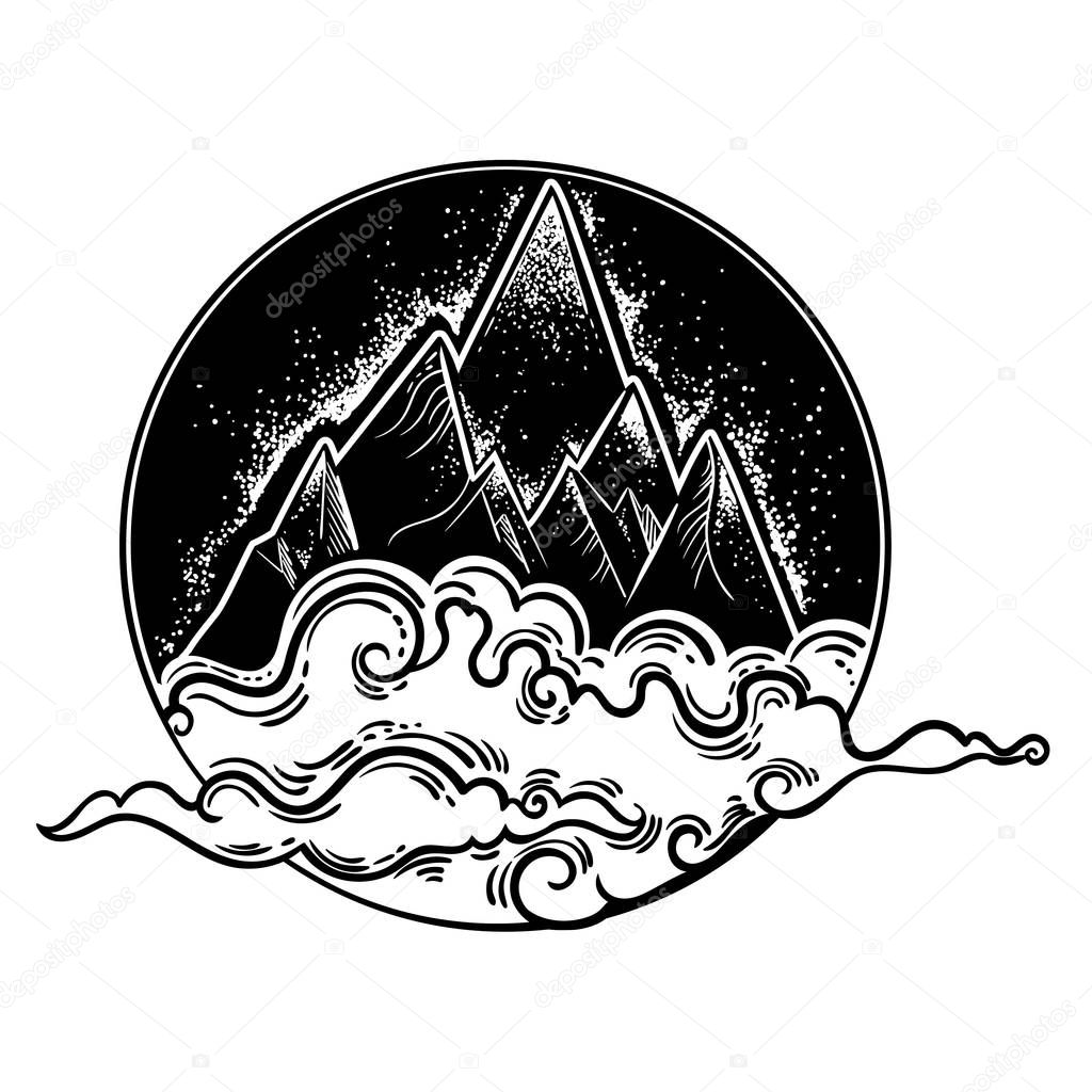 Beautiful vector illustration with nature landscape - mountains and clouds. Tattoo art. Infinite space, meditation symbols, travel, tourism.