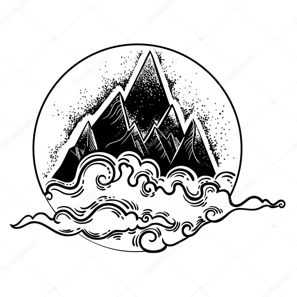 Beautiful vector illustration with nature landscape - mountains and clouds. Tattoo art. Infinite space, meditation symbols, travel, tourism.