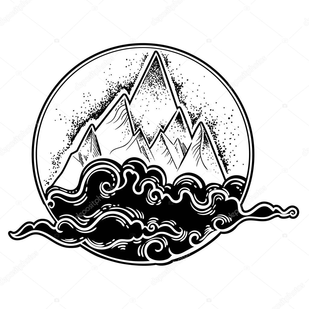 Beautiful vector illustration with nature landscape - mountains and clouds. Tattoo art. Infinite space, meditation symbols, travel, tourism.