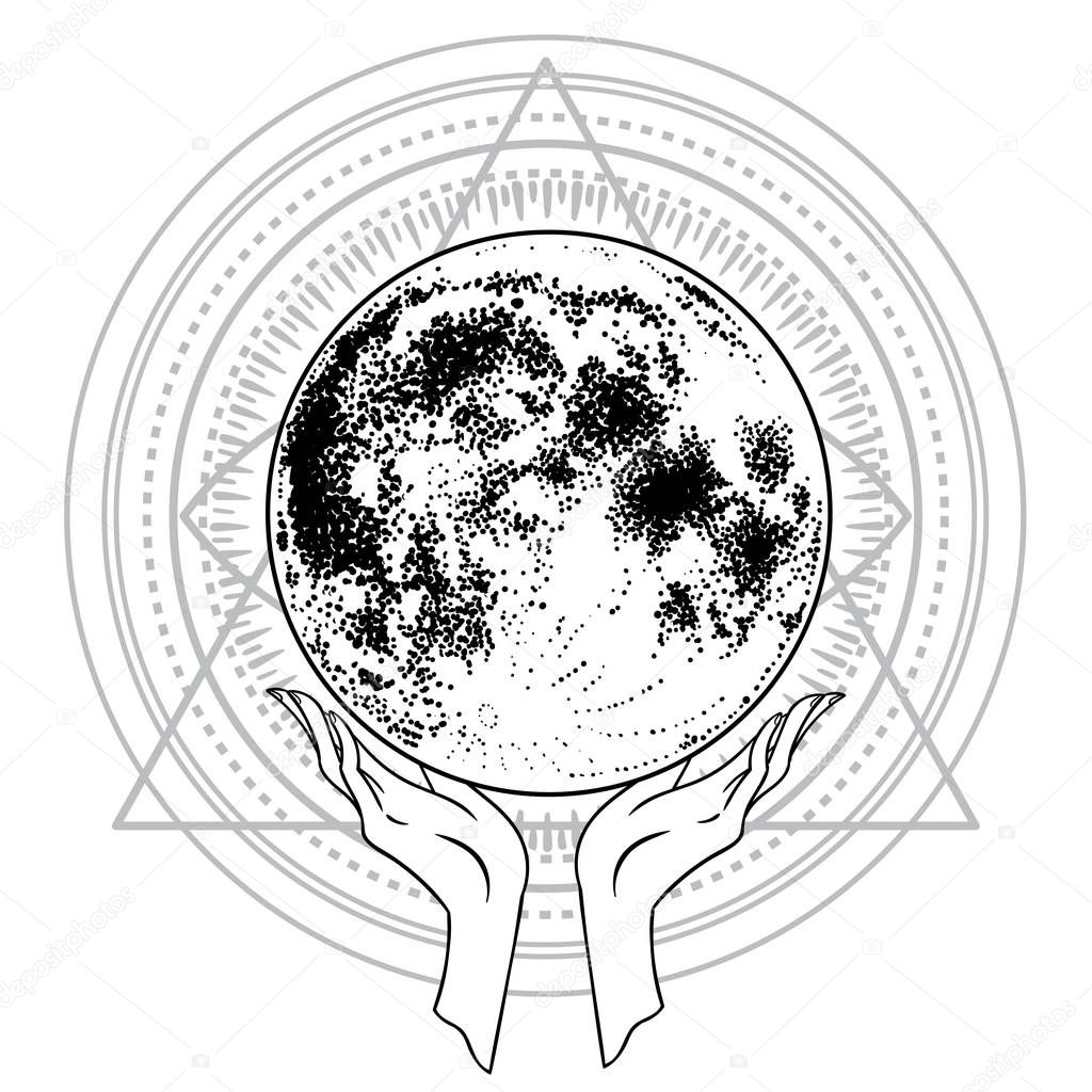 Beautiful hand-drawing hand is holding planet. Vector illustration  isolated. Tattoo design, mystic magic symbol for your use.