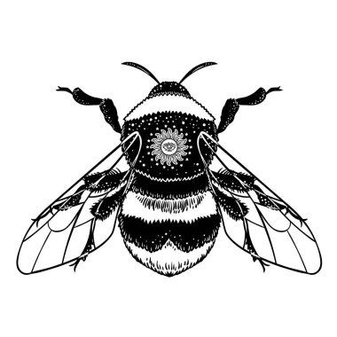 Bumblebee el vektör çizim çekilmiş. Arı, mistik ve ezoterik sembolü dövme sanat kroki