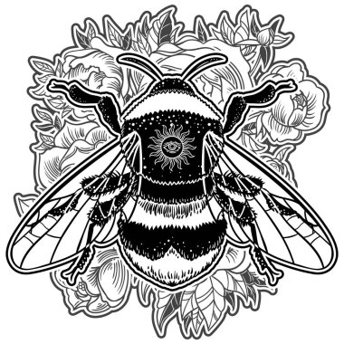 Bumblebee el vektör çizim çekilmiş. Arı, mistik ve ezoterik sembolü dövme sanat kroki