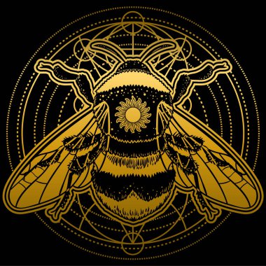 Bumblebee el vektör çizim çekilmiş. Arı, mistik ve ezoterik sembolü dövme sanat kroki