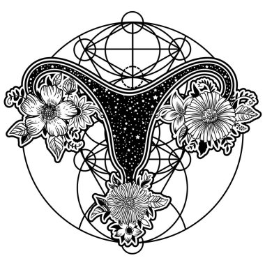 Çiçekli güzel dişi üreme organı. Feminizm kavramı, vektör çizim