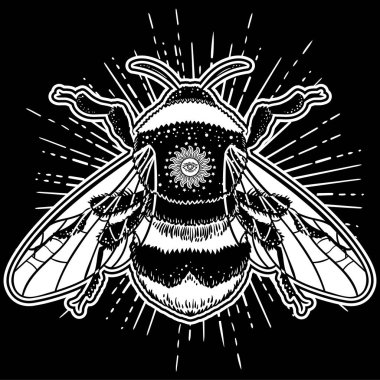Bumblebee el vektör çizim çekilmiş. Arı, mistik ve ezoterik sembolü dövme sanat kroki