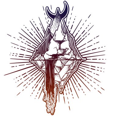 doğa manzara dağlar ile vektör Illustration. Dövme sanat.