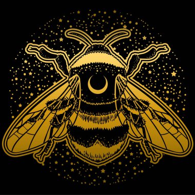 Bumblebee el vektör çizim çekilmiş. Arı, mistik ve ezoterik sembolü dövme sanat kroki