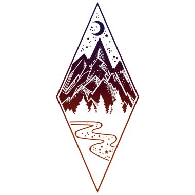 doğa manzara dağlar ile vektör Illustration. Dövme sanat.