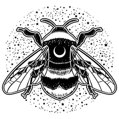 Bumblebee el vektör çizim çekilmiş. Arı, mistik ve ezoterik sembolü dövme sanat kroki