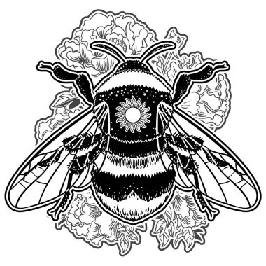 Bumblebee el vektör çizim çekilmiş. Arı, mistik ve ezoterik sembolü dövme sanat kroki