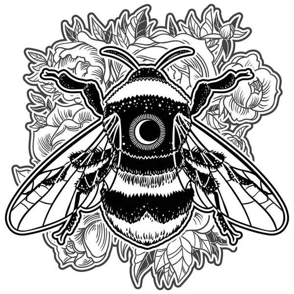 Bumblebee Illustrazione Vettoriale Disegnata Mano Tatuaggio Schizzo Ape Simbolo Mistico — Vettoriale Stock