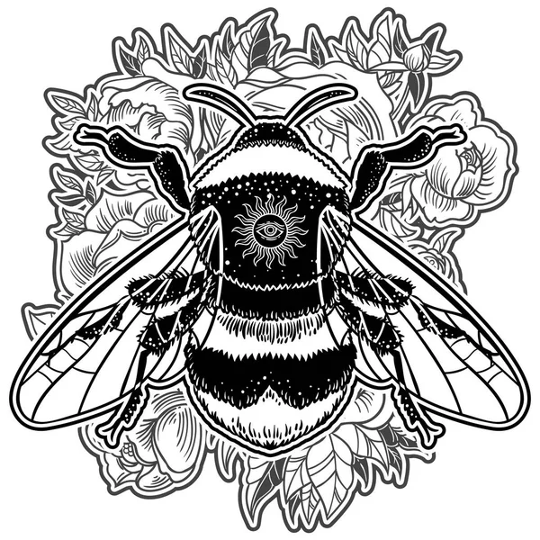 Bumblebee Illustrazione Vettoriale Disegnata Mano Tatuaggio Schizzo Ape Simbolo Mistico — Vettoriale Stock