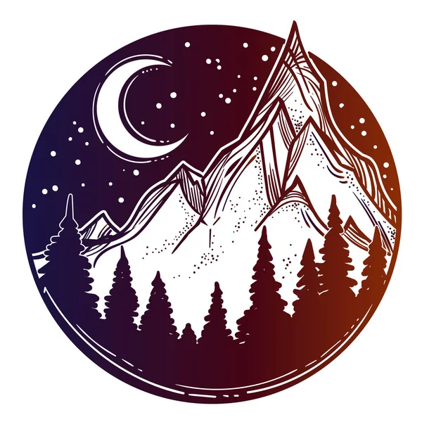 Illustration Vectorielle Paysage Naturel Avec Montagnes Art Tatouage — Image vectorielle