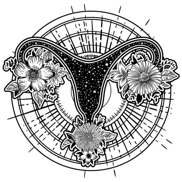 Bel Organe Reproducteur Femelle Avec Des Fleurs Concept Féministe Illustration — Image vectorielle