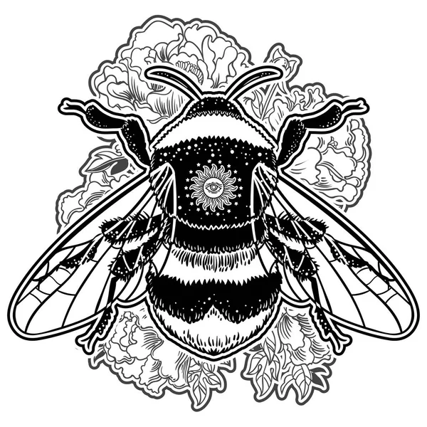 Bumblebee Illustrazione Vettoriale Disegnata Mano Tatuaggio Schizzo Ape Simbolo Mistico — Vettoriale Stock