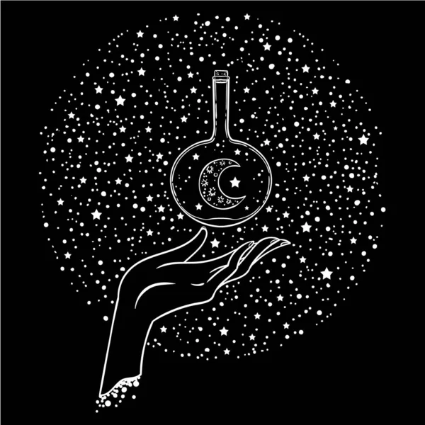 コスモス背景に星を保持している手 ベクトル図 — ストックベクタ