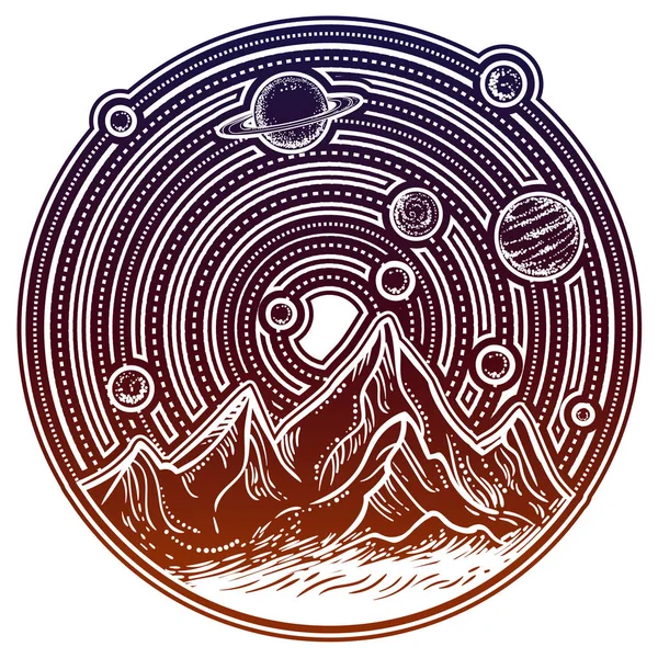 Векторна Ілюстрація Природного Ландшафту Горами Татуювання Мистецтво — стоковий вектор