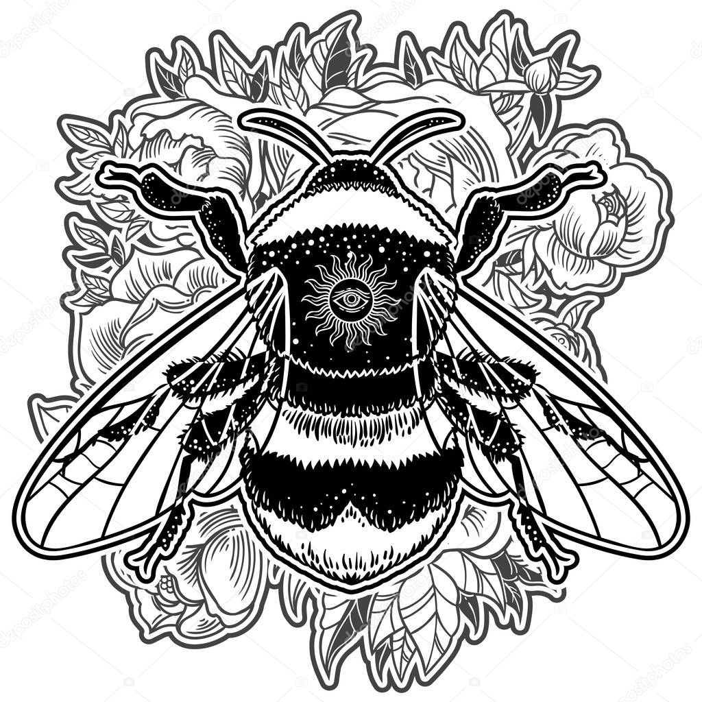 Bumblebee Hand drawn vector illustration. Tattoo art sketch of bee, mystical and esoteric symbol