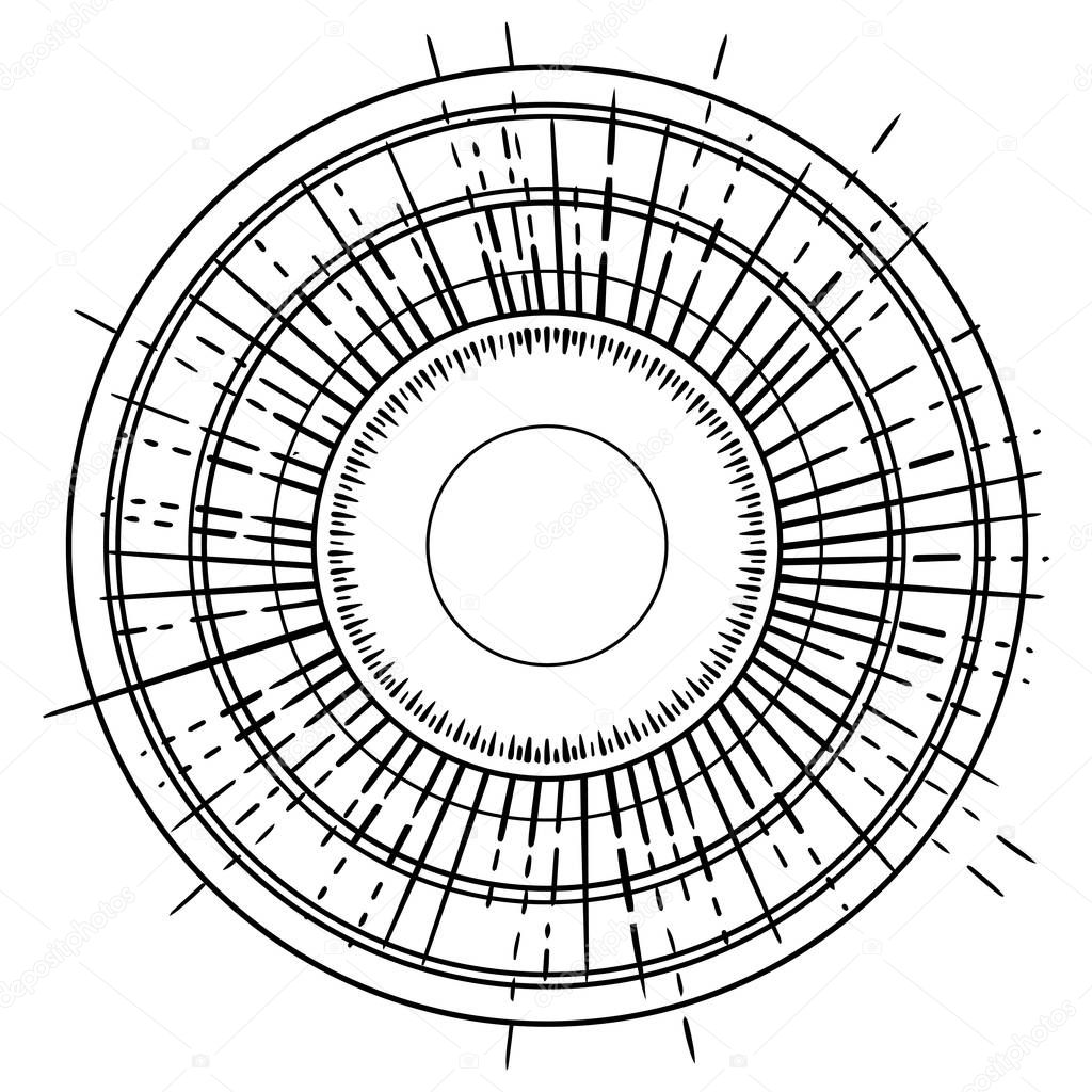 Outline drawing of retro sun bursts. Vintage radiant sun rays shape, vector illustration
