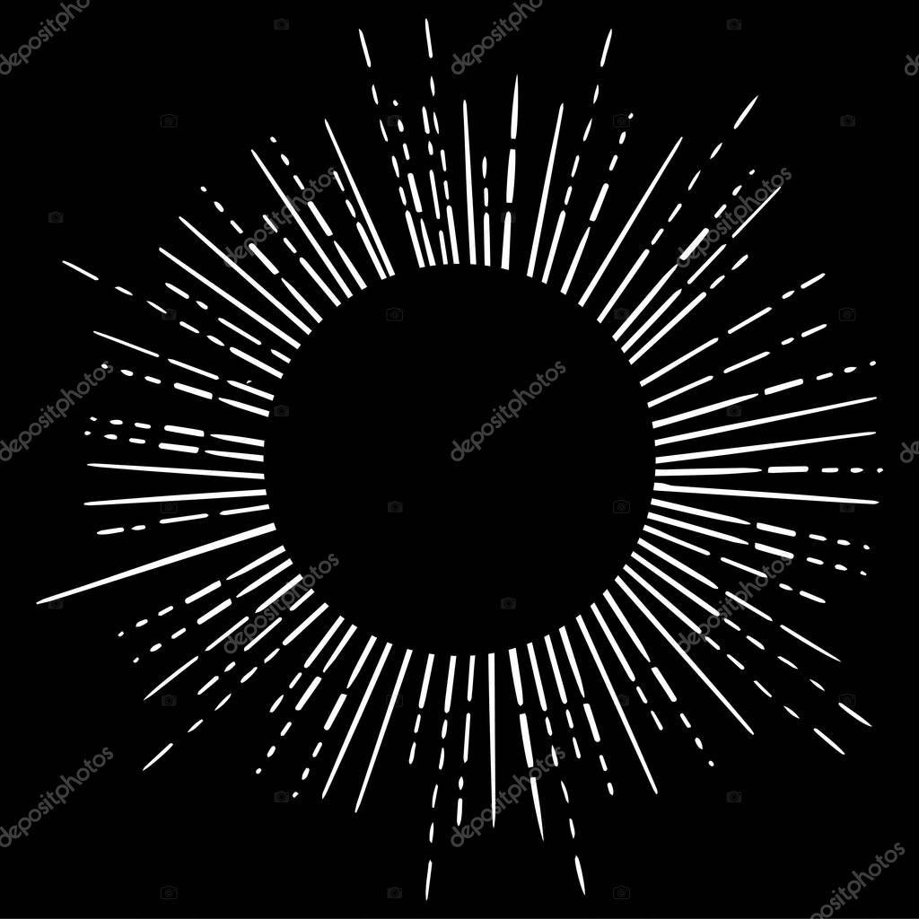 Outline drawing of retro sun bursts. Vintage radiant sun rays shape, vector illustration