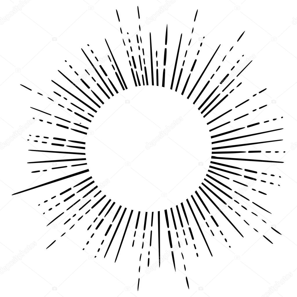 Outline drawing of retro sun bursts. Vintage radiant sun rays shape, vector illustration