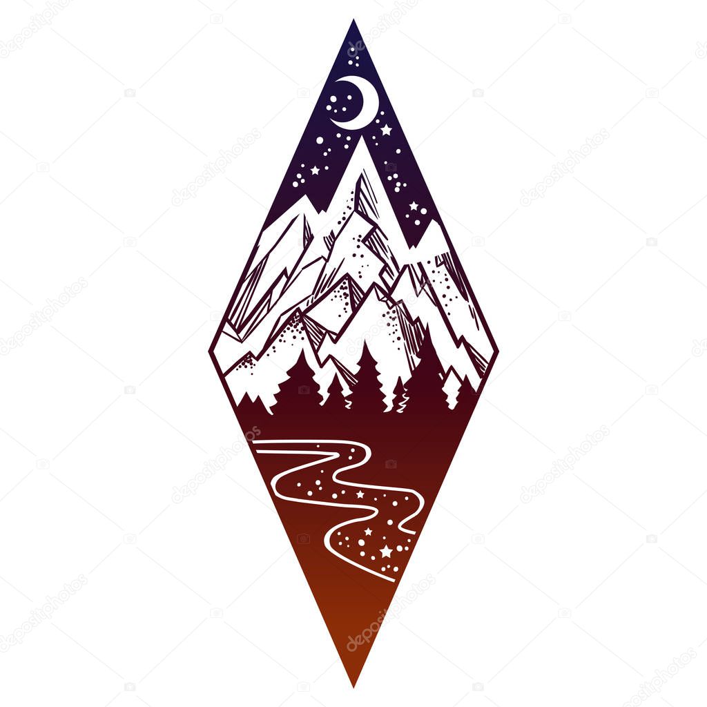 vector illustration of nature landscape with mountains. Tattoo art.