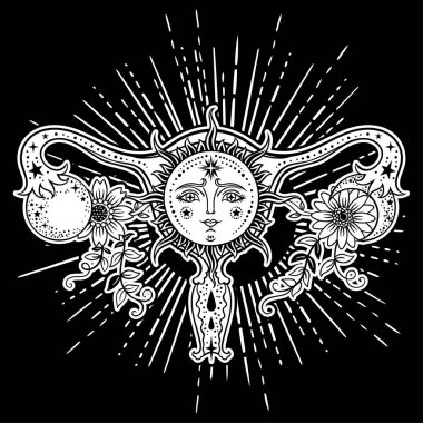 Kadın üreme organları çiçeklerle, Güneş, ay siyah arka plan üzerine.