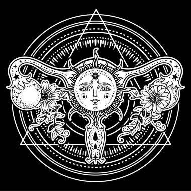 Kadın üreme organları çiçeklerle, Güneş, ay siyah arka plan üzerine.