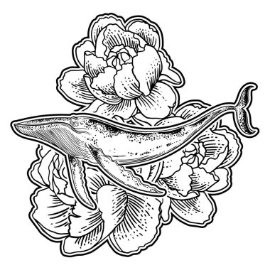 Elle çizilmiş balinanın üzerinde çiçekler arka plan.