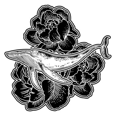 Elle çizilmiş balinanın üzerinde çiçekler arka plan.