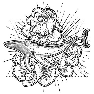 Elle çizilmiş balinanın üzerinde çiçekler arka plan.