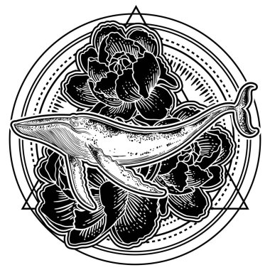 Elle çizilmiş balinanın üzerinde çiçekler arka plan.