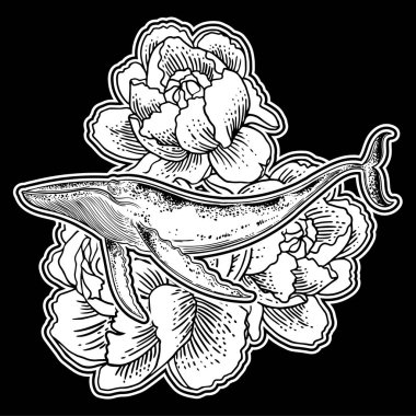 Elle çizilmiş balinanın üzerinde çiçekler arka plan.