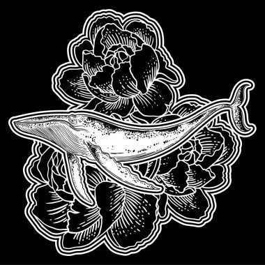 Elle çizilmiş balinanın üzerinde çiçekler arka plan.