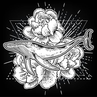 Elle çizilmiş balinanın üzerinde çiçekler arka plan.