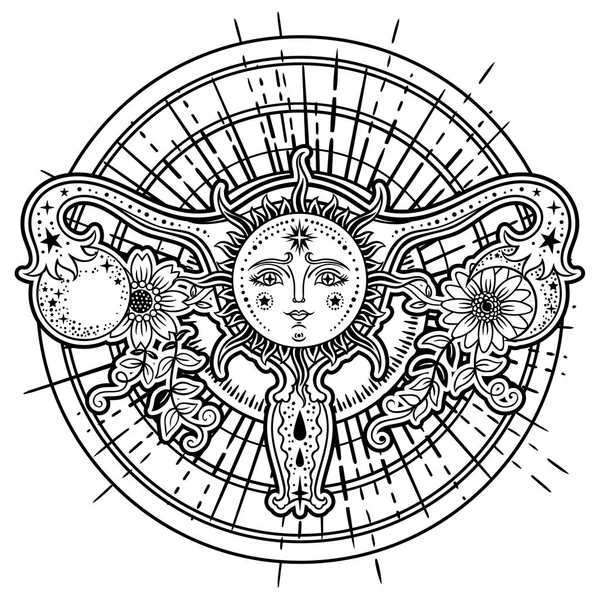 Organes Reproducteurs Femelles Avec Fleurs Soleil Lune Isolée Sur Fond — Image vectorielle