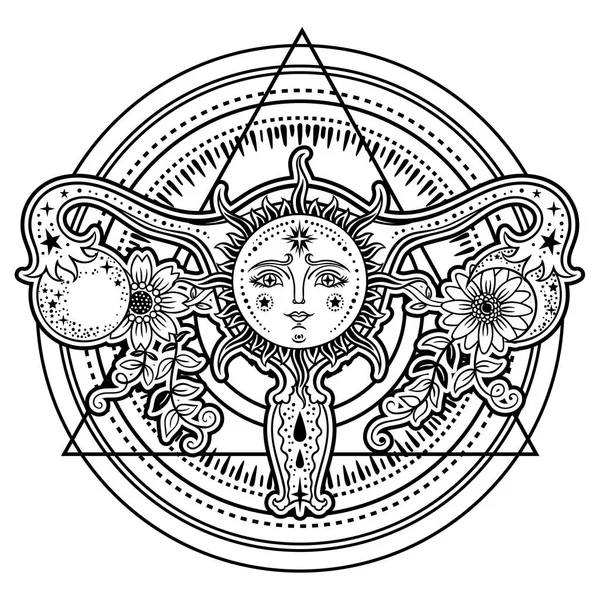 Женские Половые Органы Цветами Солнцем Луной Белом Фоне — стоковый вектор