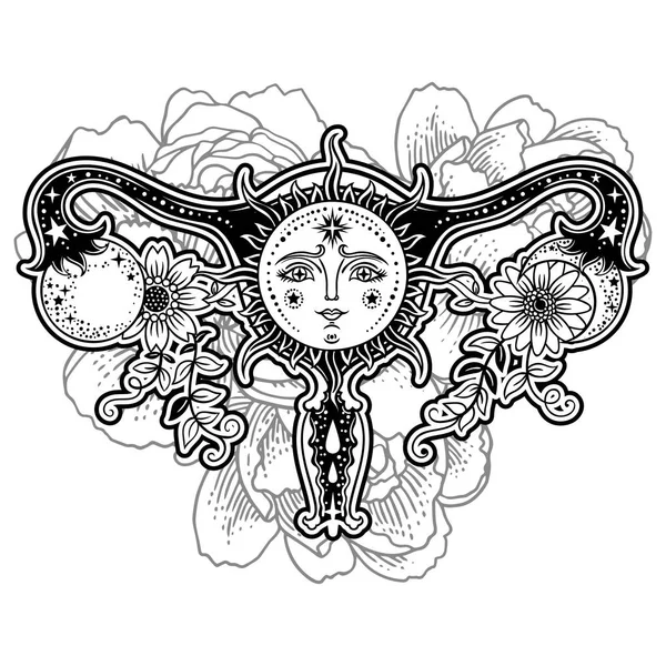 Жіночі Репродуктивні Органи Квітами Сонцем Місяцем Ізольовані Білому Тлі — стоковий вектор
