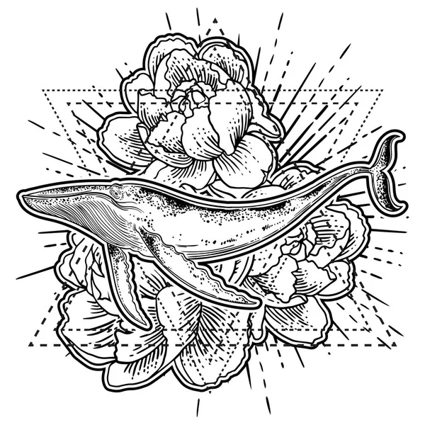 Baleine Dessinée Main Sur Fond Fleurs — Image vectorielle